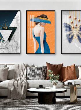 极速现代轻奢美女装饰画大气橙色沙发背景墙挂画卧室壁画组合三联