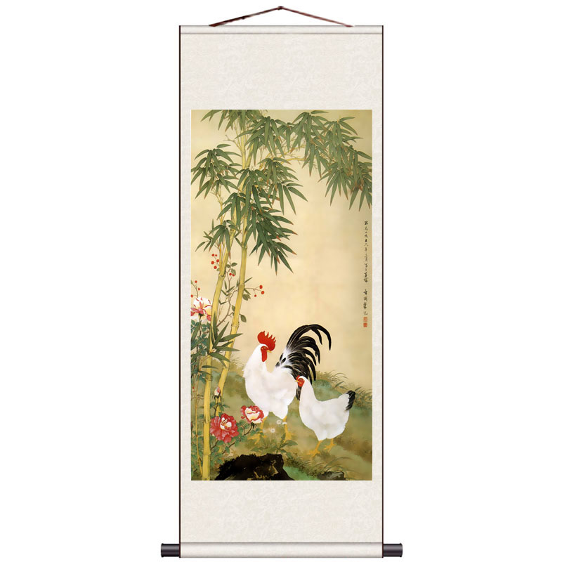 吉祥富贵牡丹金鸡图花鸟画卷轴中式画 装饰画 水墨国画宣纸仿古画