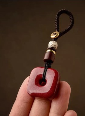 天然高纯度朱砂四方平安扣吊坠汽车挂件绳项链本命年护身符高端钥