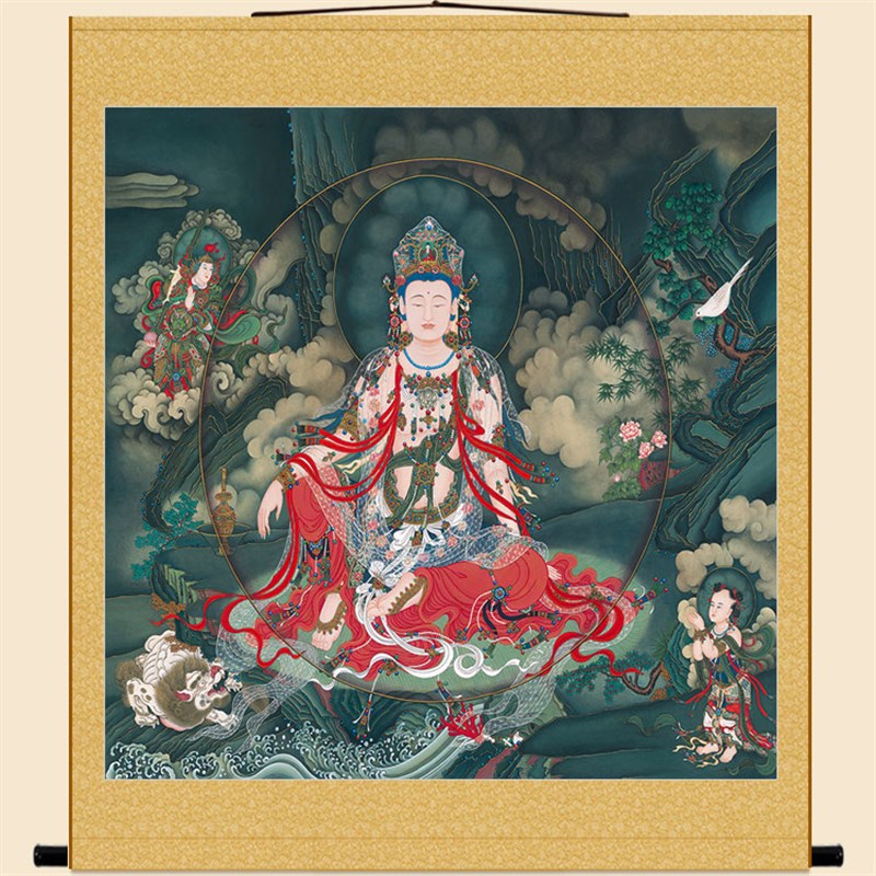 高清水月观音菩萨佛像画 观世音菩萨画像 佛堂家用卷轴挂画丝绸画