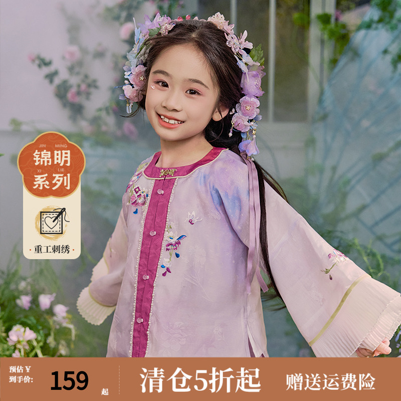 国风汉服女童2025新款刺绣连衣裙