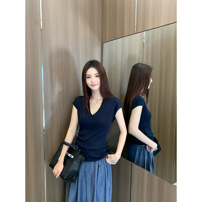 纯色V领短袖女t恤春夏小飞袖百搭