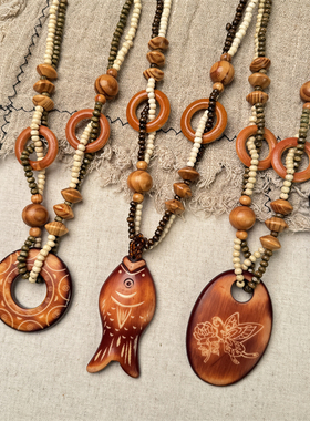 民族风木质串珠项链文艺毛衣链