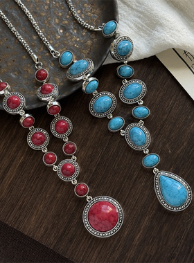 欧美复古民族风长款调节松石项链