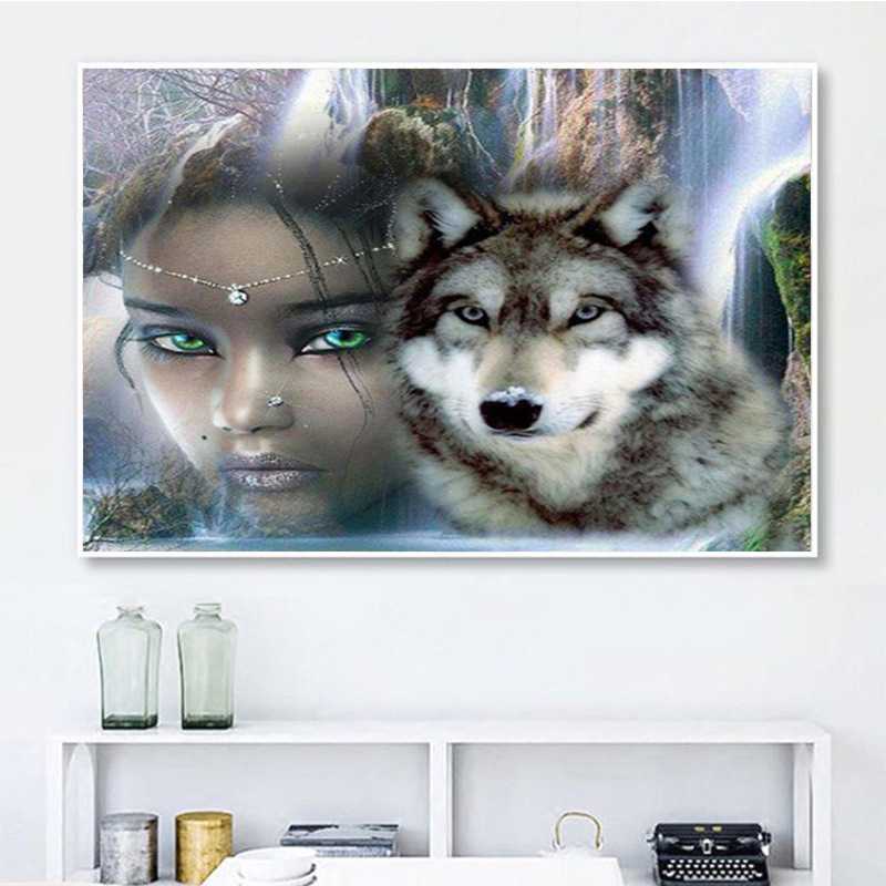 新款直销钻石画贴钻十字绣满钻新款动物狼女人砖石画客厅玄关小幅
