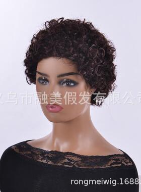 新款直销橘色假发黑人短发 女 非洲短小卷发黑色橙色玫瑰网耐高温