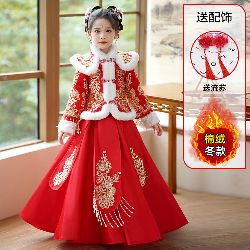 女童汉服冬季加绒加厚中国风冬装裙2025年新款儿童红色拜年服唐装