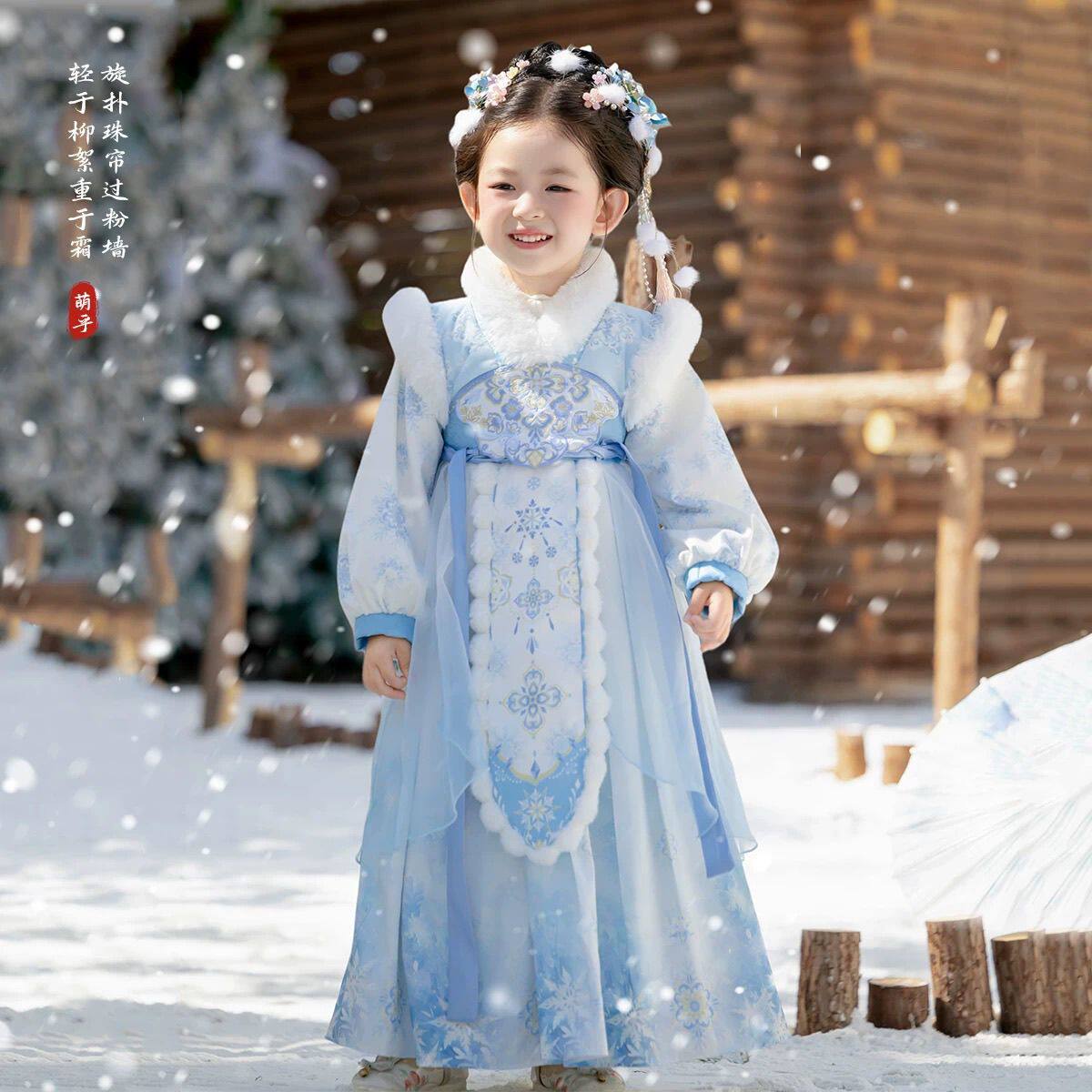 汉服女童爱莎公主裙秋冬季加绒艾莎加厚斗篷儿童拜年服连衣裙唐装