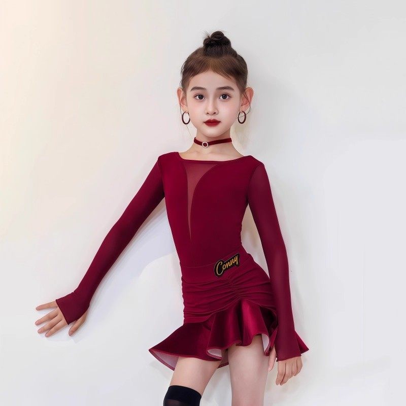 拉丁舞服女童红色长袖短裙套装冬