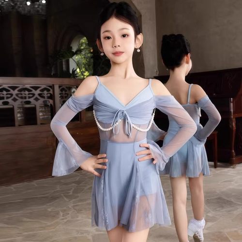 拉丁舞服女童吊带长袖珍珠演出服