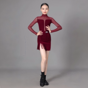 红色拉丁舞服女童练习服高领长袖连体上衣分体流苏包臀短裙表演服