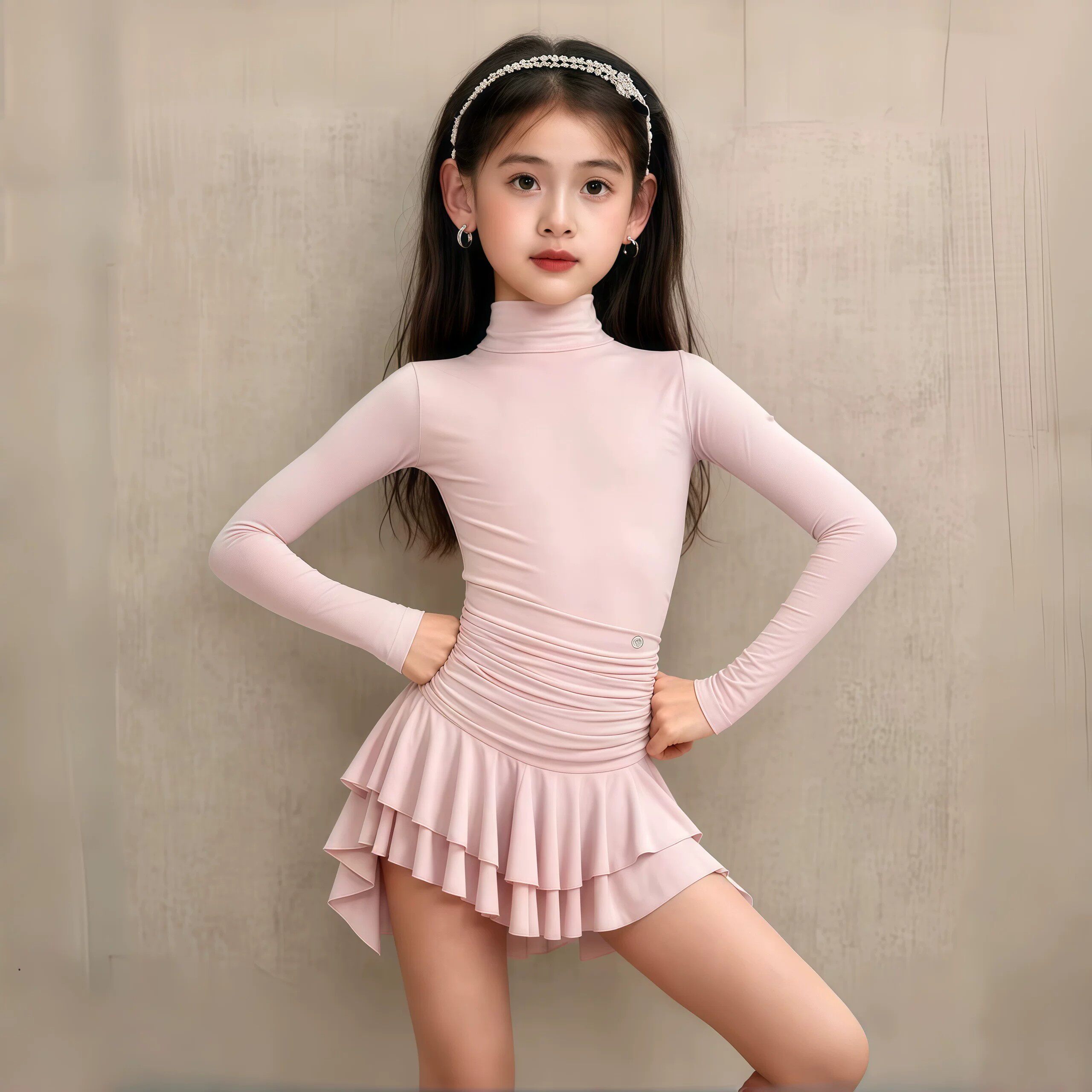 2026秋冬新款拉丁舞服女童长袖连体衣多层荷叶裙高级感训练服套装