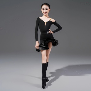 FZS同款冬演出服拉丁舞服女童练习服长袖露肩连体上衣分体鱼骨裙