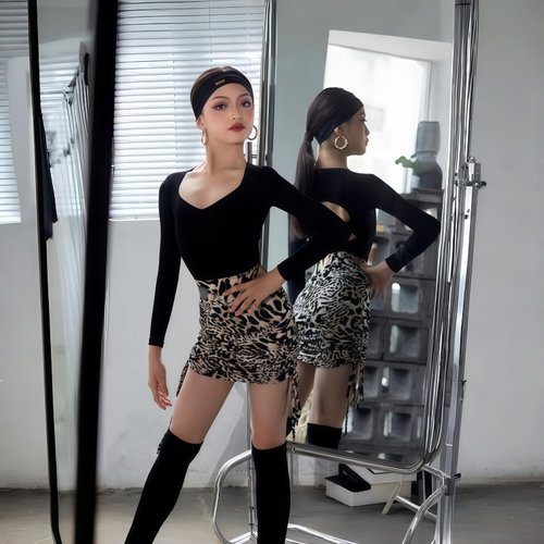 冬女童拉丁长袖上衣豹纹包臀短裙