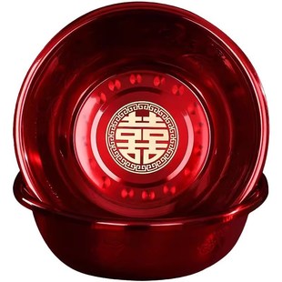婚庆用品大 结婚喜盆女d方陪嫁洗脸盆新婚礼不锈钢一对红盆子套装
