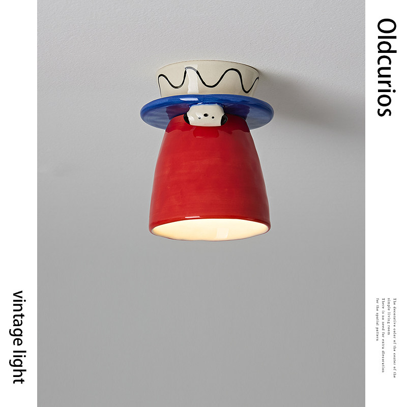 法式奶油走廊过道孟菲斯卡通创意陶瓷多巴胺小狗阳台氛围吸顶灯