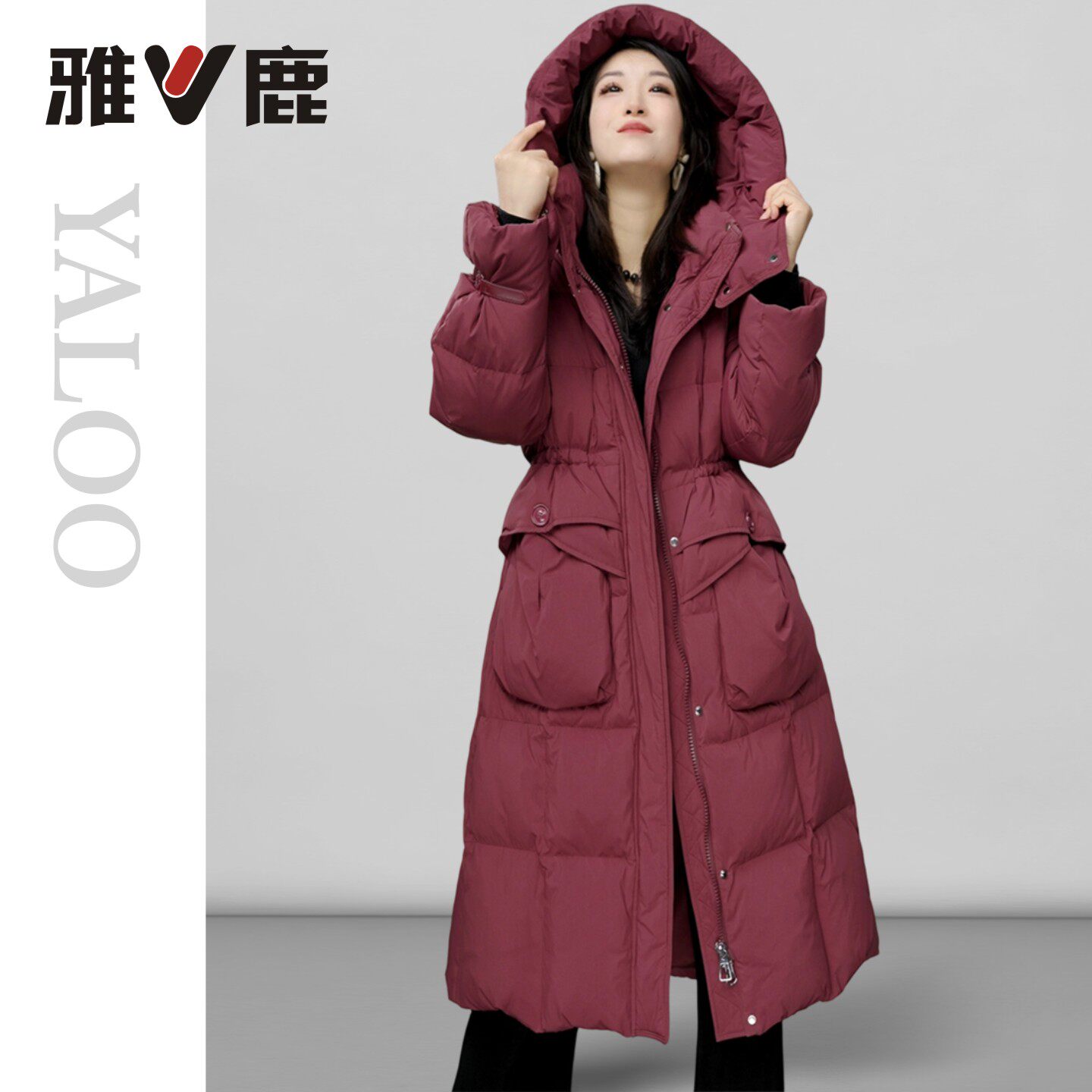 雅鹿官方正品新款秋冬季加厚加绒时尚保暖女红色中长款羽绒服外套