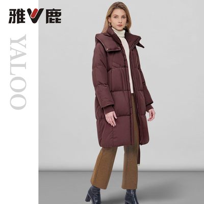 雅鹿冬季中长超保暖连帽女羽绒服