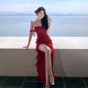 红色玫瑰显白荷叶边拖尾氛围感连衣裙 三亚绝美海边度假连衣裙法式