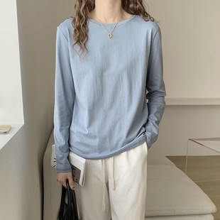 上衣 2021春新款 纯白色纯棉长袖 叠穿t恤女早秋冬季 宽松内搭打底衫