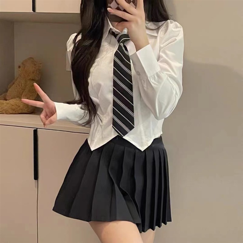 收腰JK制服套装秋季学院风辣妹纯欲风长袖衬衫女修身白色衬衣上衣