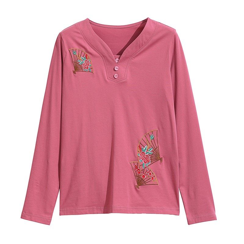 纯棉长袖t恤女宽松2024春装新款百搭V领上衣中老年妈妈休闲打底衫