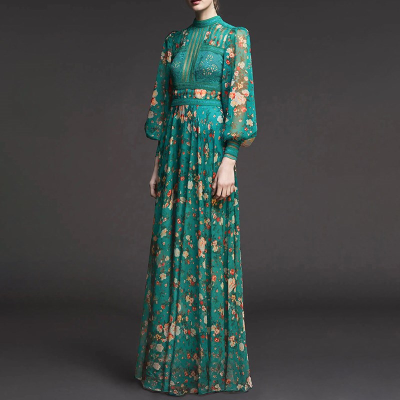 法式复古绿色碎花连衣裙高级感御姐礼服礼服裙轻奢小众高端长裙女