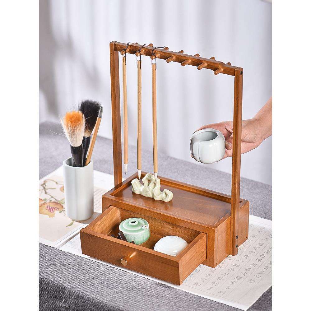 抽屉式笔架竹楠木笔挂多功能笔架毛笔挂架展示架收纳盒毛笔架子初