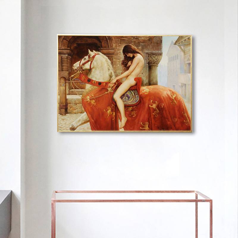 世界名画马背上的夫人戈黛娃Godiva夫人装饰画油画欧挂画卧室酒店图片