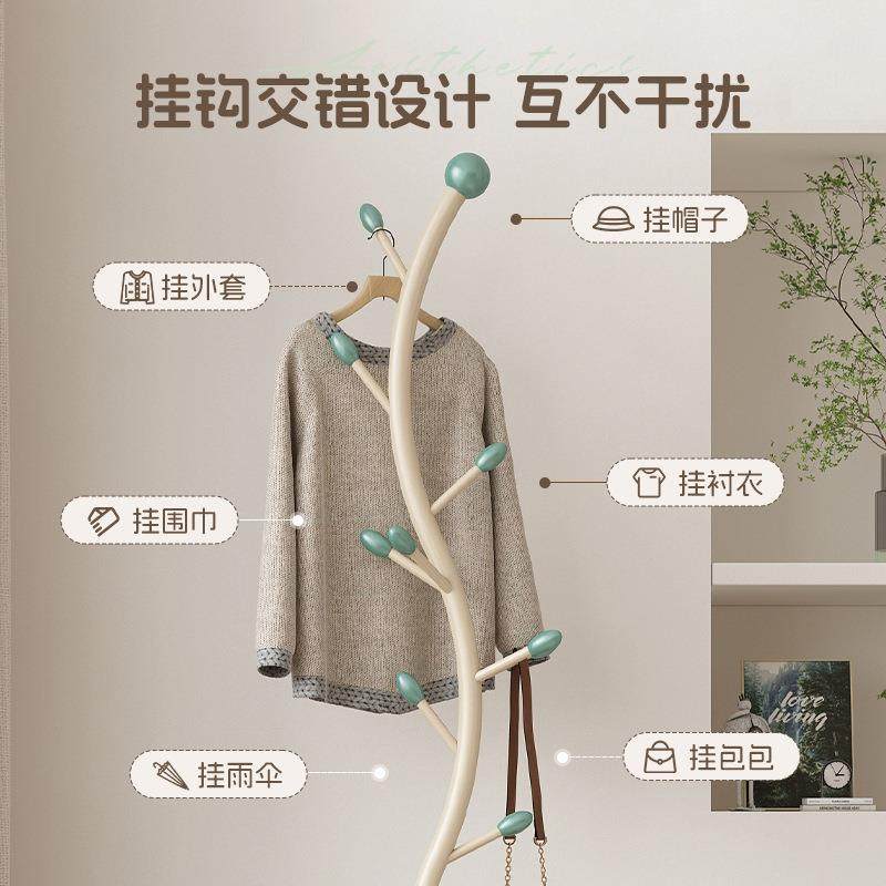家用立收式轮置EEP衣帽架奶油风落地挂衣架可移动带转角纳篮物脏