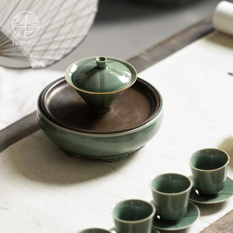 越窑青QAD壶承壶垫干泡蓄盘日式复古铜盖可瓷水茶台淋小壶茶壶养