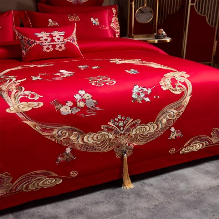 100全棉婚庆四套多件套中件结婚刺绣VOR红色支六件套床上喜庆式套