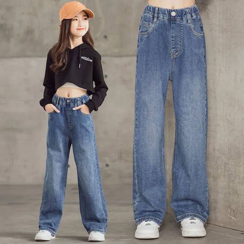 Spring Kid's Jeans 3-9Y Cute Girls Solid Color Loose Wide