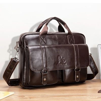 Genuine leather men's briefcase with double front pockets