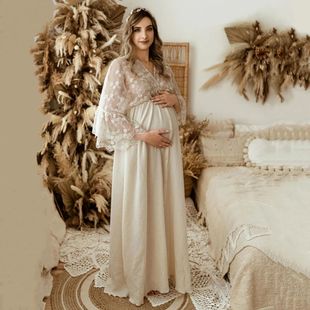 Boho Cotton Maternity Photo Shoot Dress Beige Bohemian Lace
