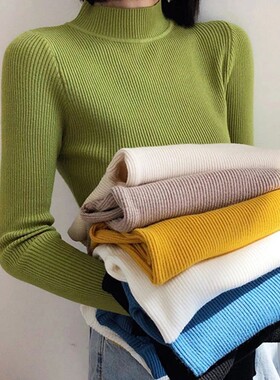 Autumn Winter Mock Neck Women Sweater Vintage Basic Solid Kn