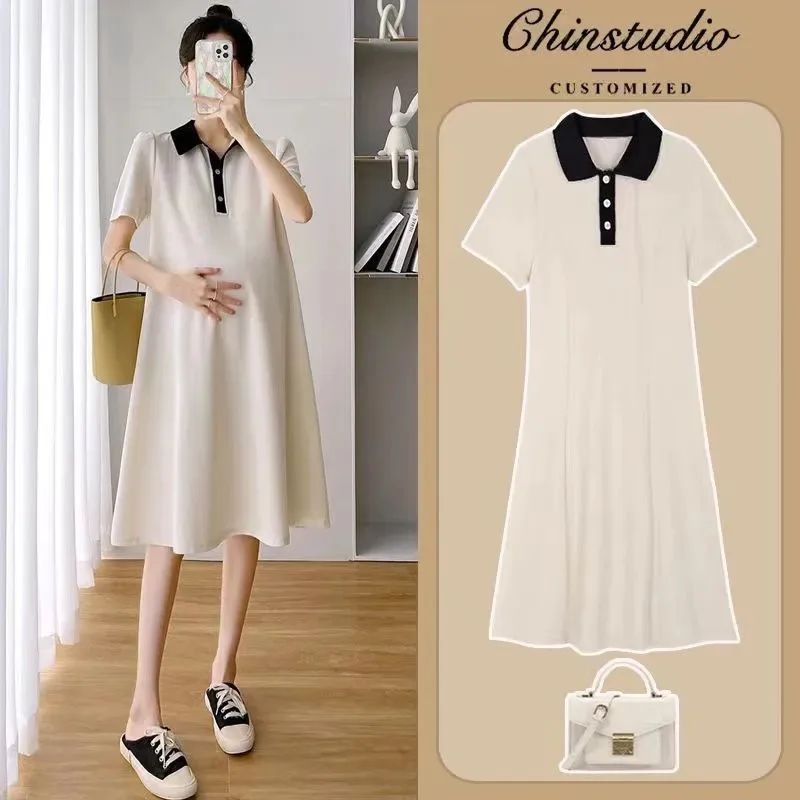 Maternity Dress Short Sleeves Polo Summer Lapel Loose-fit图片