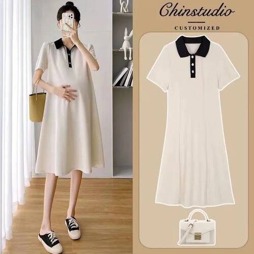Maternity Dress Short Sleeves Polo Summer Lapel Loose-fit