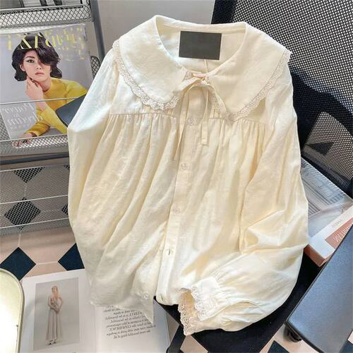 Sweet Lace Floral Turndown Collar Shirt Woman Autumn