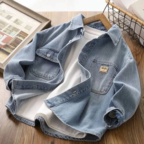 Fashion Boys Blue Denim Shirts Long Sleeved Turn Down Collar - 封面