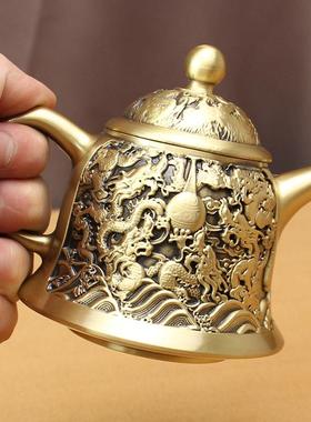 新款直销高档黄铜茶壶龙头壶创意酒杯办公桌面摆件纯铜复古双龙戏