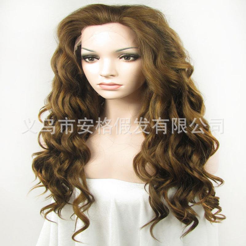 新款直销假发女 欧美 外贸化纤前蕾丝头套亚麻色小波浪卷发wigs