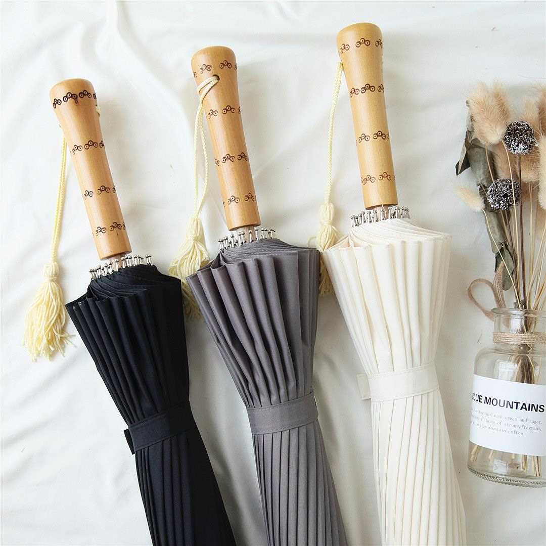 新款直销雨伞复古风汉风木质直柄伞24骨竹伞黑白男女长柄伞晴雨伞