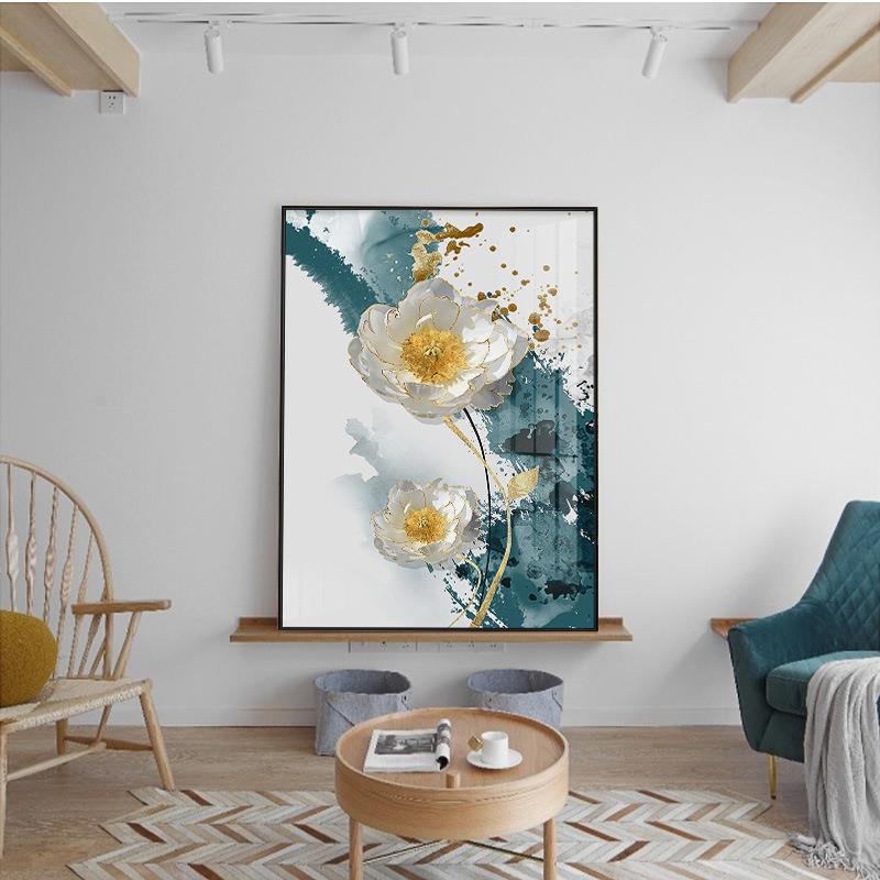新款直销新中式白牡丹玄关装饰画简约走廊过道晶瓷画现代轻奢抽象图片