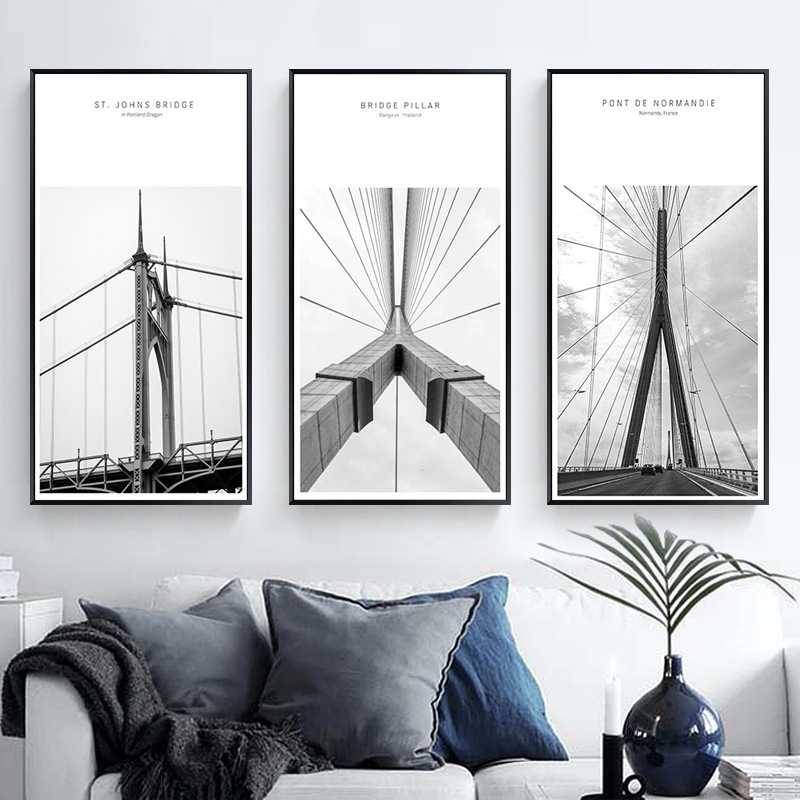 新款直销简约现代玄关装饰画客厅竖版世界建筑大桥摄影黑白风走廊