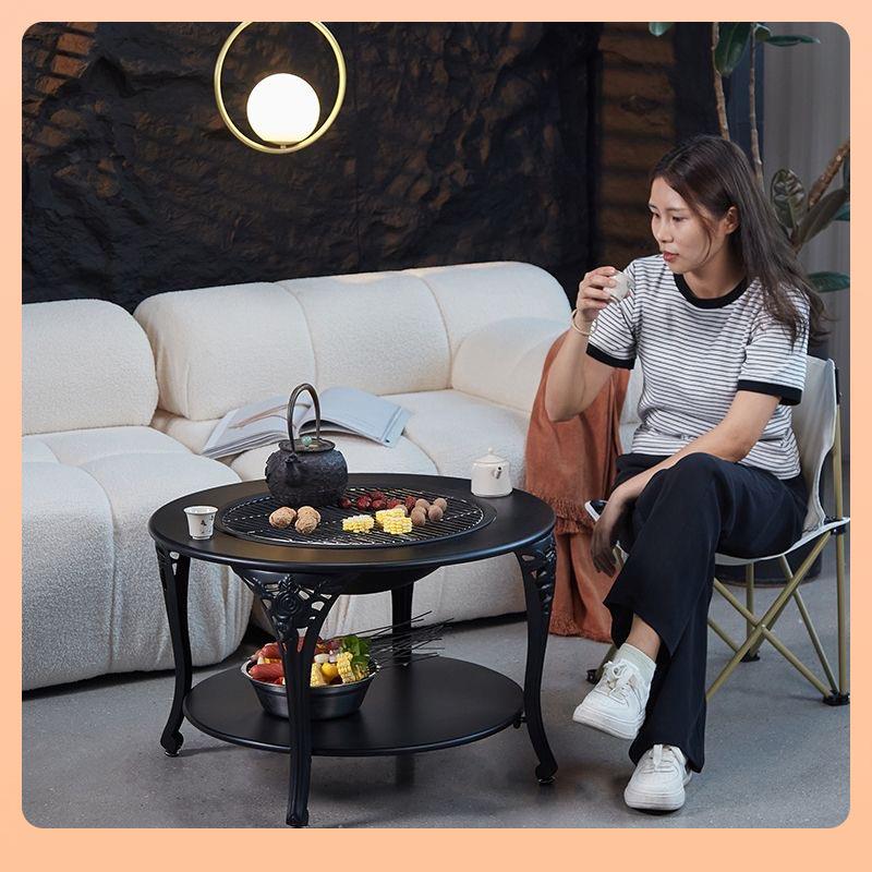 新款直销?围炉煮茶家用庭院烤火炉木炭烧烤炉圆形茶桌室内取暖炉