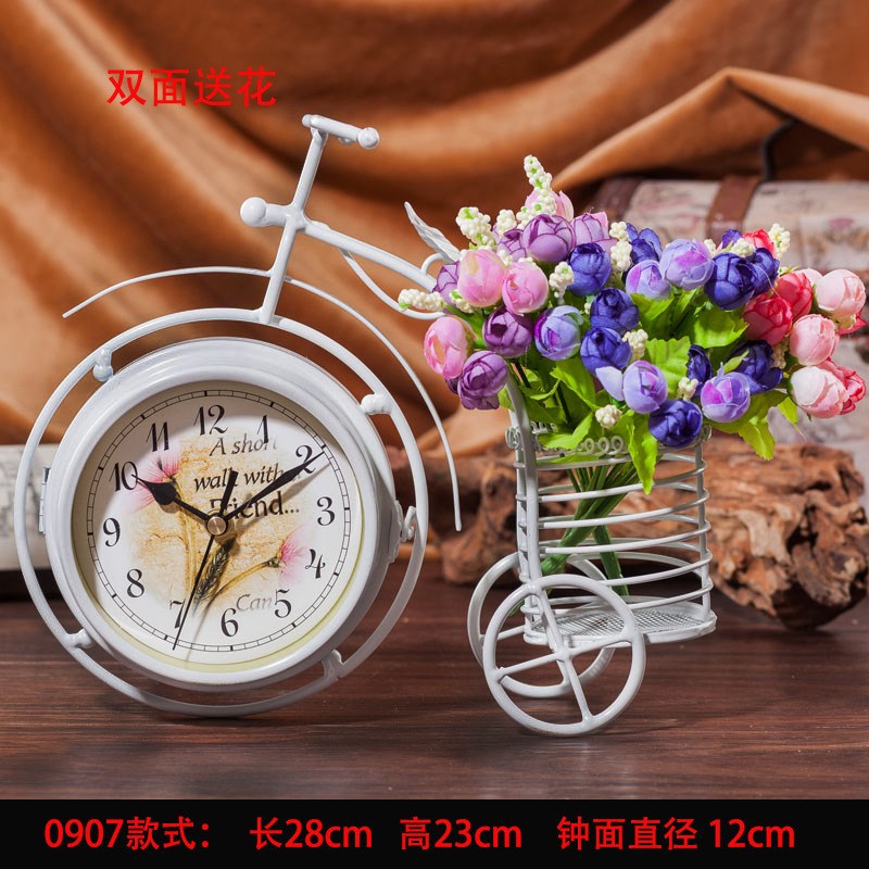 欧式静音台钟卧室客厅o创意钟表摆件田园铁艺台式钟座钟时钟双面