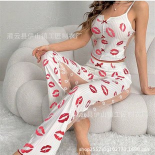 性感网纱拼接 亚马逊欧美c新款 印花睡衣两件套女士家居服睡衣
