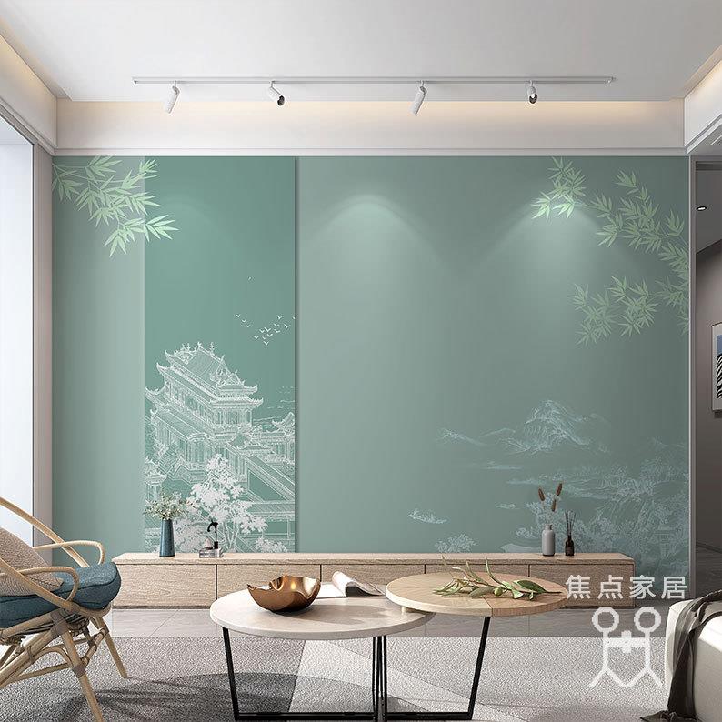 新款直销中式山水楼阁客厅沙发背景墙纸壁画书房茶室壁纸古风竹子