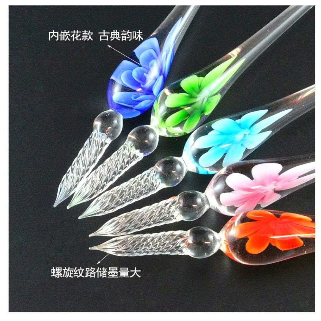 新款直销内嵌花玻璃笔蘸水笔礼盒金粉墨水签字笔套装送朋友同学创